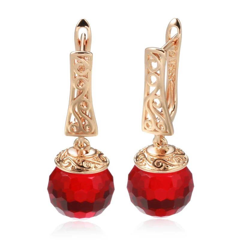 Kinel New 585 Rose Gold Color Long Dangle Earrings For Women Red Natural Zircon Ball Bride Drop Earrings Vintage Wedding Jewelry