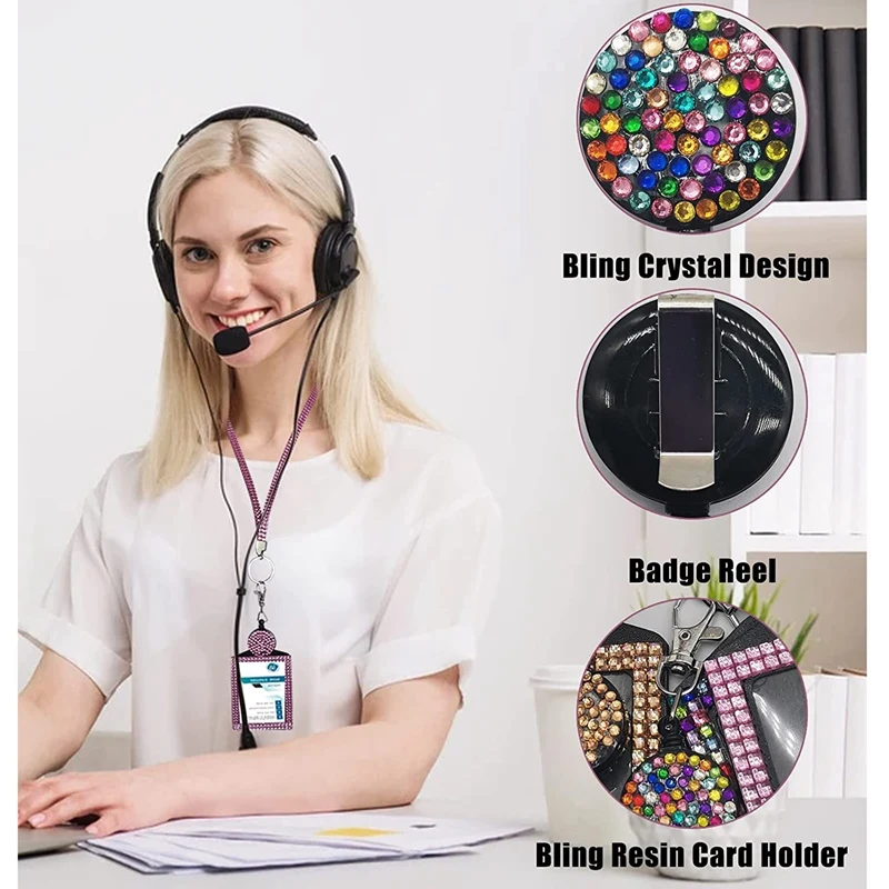 4 مجموعات حجر الراين الحبل بلينغ حامل بطاقة الهوية كريستال قابل للسحب شارة بكرة حجر الراين الرقبة الحبل حامل بطاقة حامل