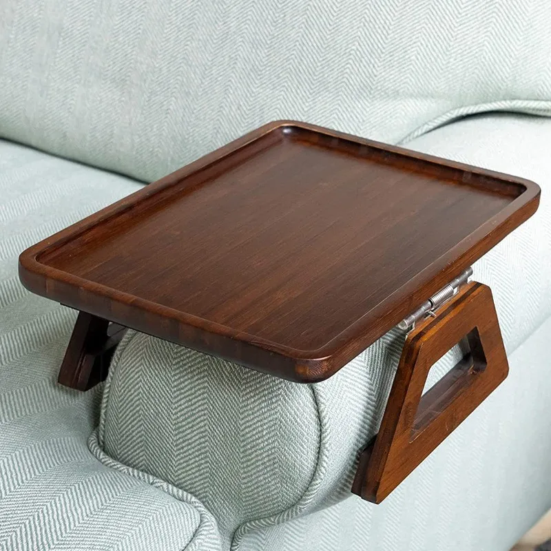Wooden sofa tray Rectangle sofa armrest Bamboo movable fruit snack tray Square foldable tray