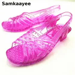 Size 34-39 Women Sandals Summer Femmes 3cm Heels Jelly Shoes Peep Toe Slip On Soft Bottom Transparent Mujer Crystal Chaussures 1