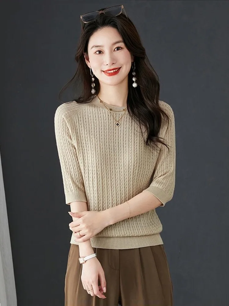 TuangBiang Summer Elegant 2023 Ribbed Thin Hollow Out Pullover Half Sleeves Knit Sweater Korean Women Spring Fashion Khaki Tops