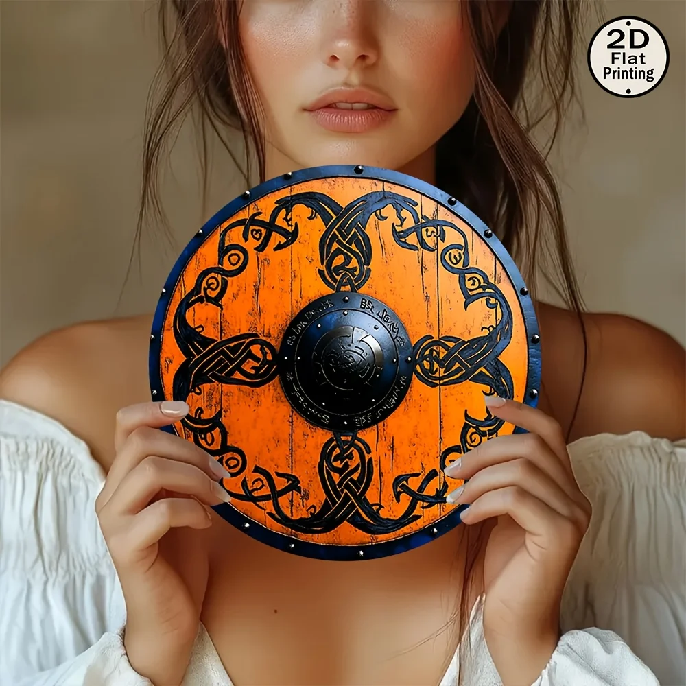 2D Flat, One Piece 2D Flat, Viking Orange Shield, Vintage Classic 20,32 cm rundes Metallschild, keltisches Muster, für Zuhause und Wand