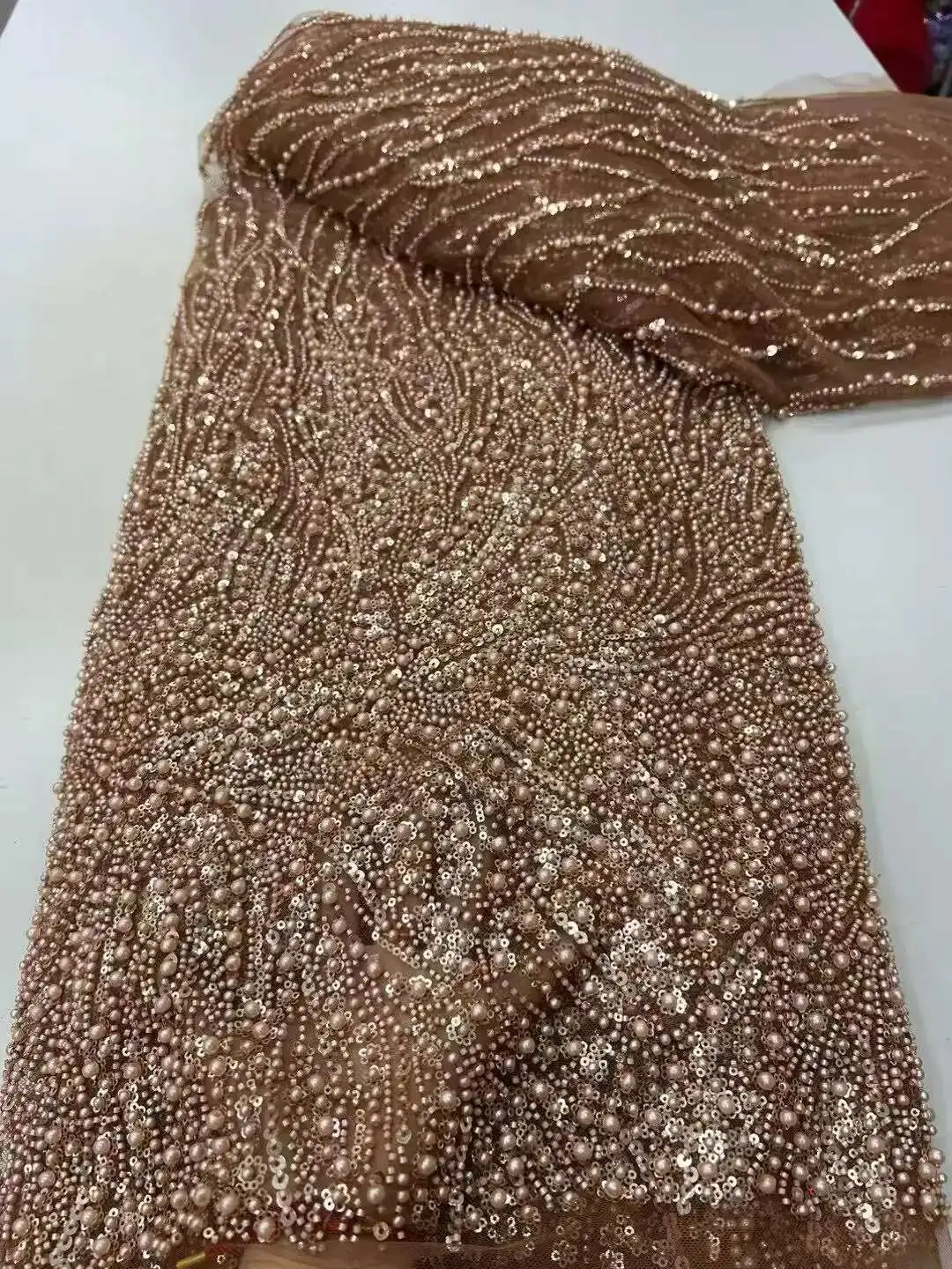 

Sequins Lace Fabric 5 Yards Party Bridal Dubai Handmade Crystal Beads New High Quality Luxury African Beaded Tulle Sequence