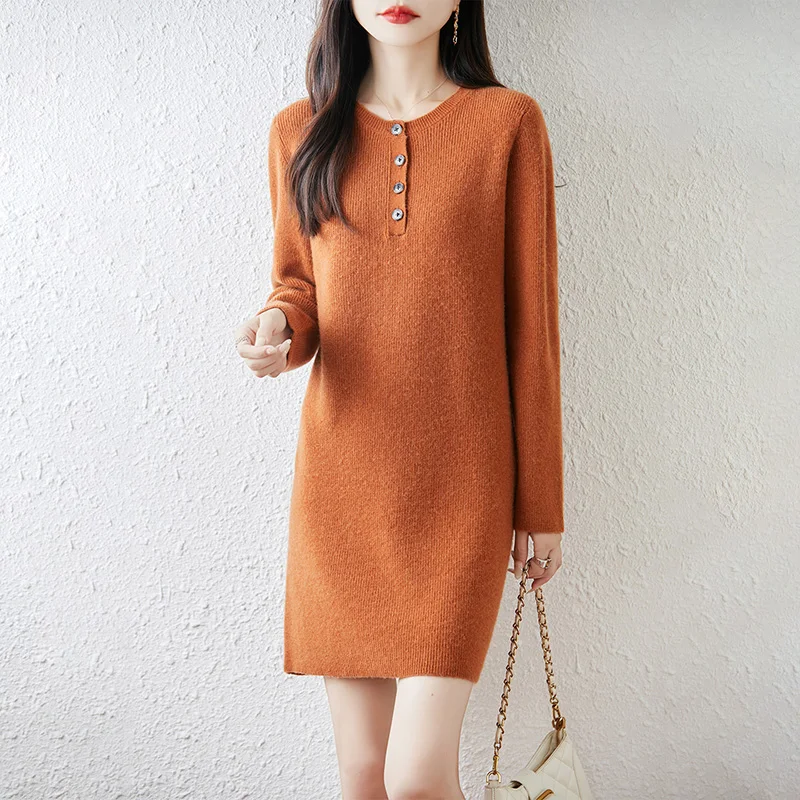 خريف/شتاء جديد 100% فستان من الصوف الخالص تنورة نسائية من الكشمير بأكمام طويلة مع أربعة أزرار من إبرة Yuanbao