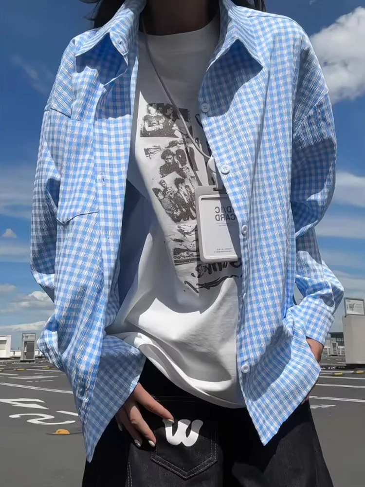 

Cleanfit Plaid Long Sve irt Couple Sle Bubble Cloth Men Women Early Autumn Thin Outerwear Stand Fit Youth Faion