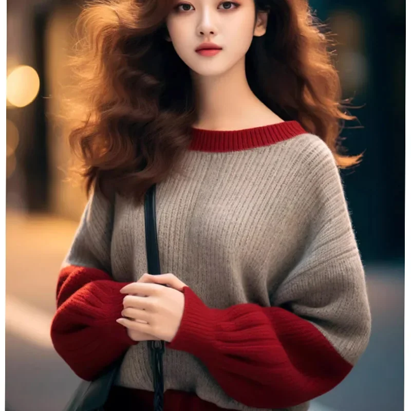 

Осенне-зимние модные свободные свитера с рукавами-фонариками, винтажные теплые вязаные пуловеры для поездок на работу, женская одежда, топы с цветными блоками