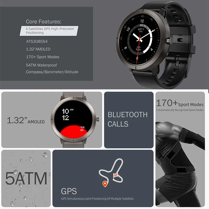 2026 GPS Smart Watch AMOLED 1.32 HD BT Call 5ATM Waterproof 170 Sport Modes 360mAh Large Battery Replaceable Strap Smart Watch