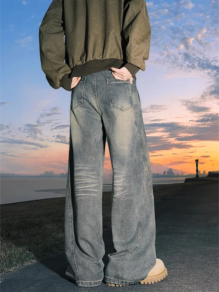 Celana Jeans Pria American Retro Knife Musim Semi Patchwork Dekonstruksi Cleanfit Longgar Lurus Lebar