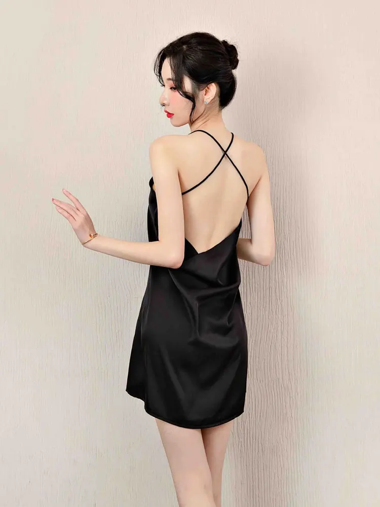 Sexy Spaghetti Strap Backless  Women's Night Dresses Shiny Smooth Homewear Female Lingerie Sleepwear Allure Nightie Miniskirts