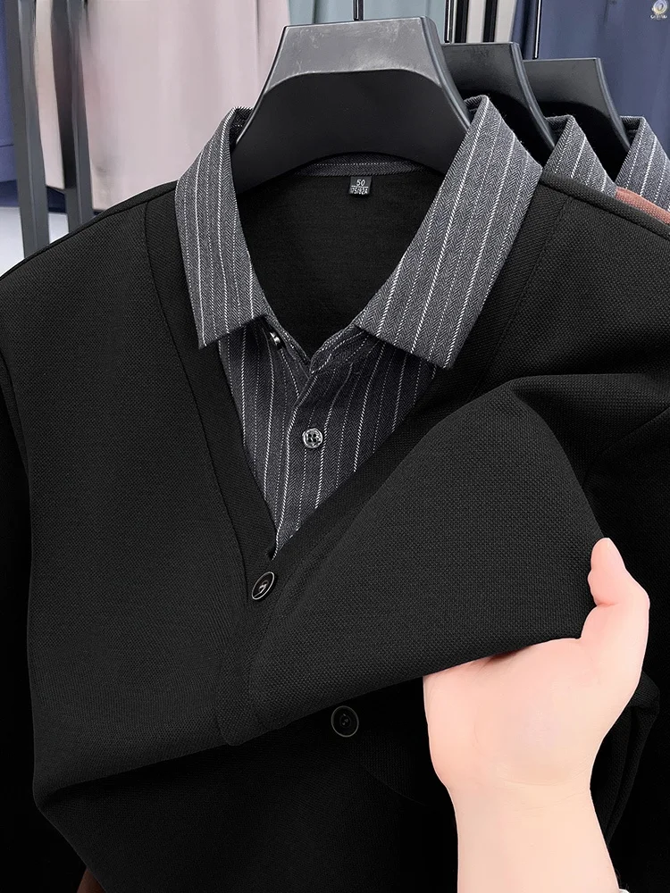 

Мужская хлопковая футболка с воротником и полосками, с длинным рукавом, для весны и осени, новая модная городская модель свободного кроя, теплая