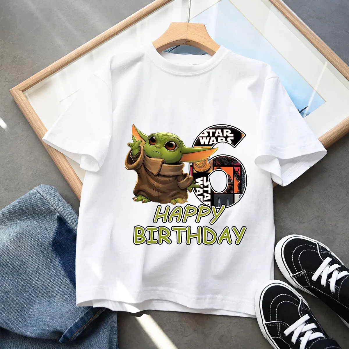 Camiseta de algodón con estampado de Star Wars The Mandalorian Grogu para niños, camisetas informales suaves para niños y niñas, regalo de cumpleaños