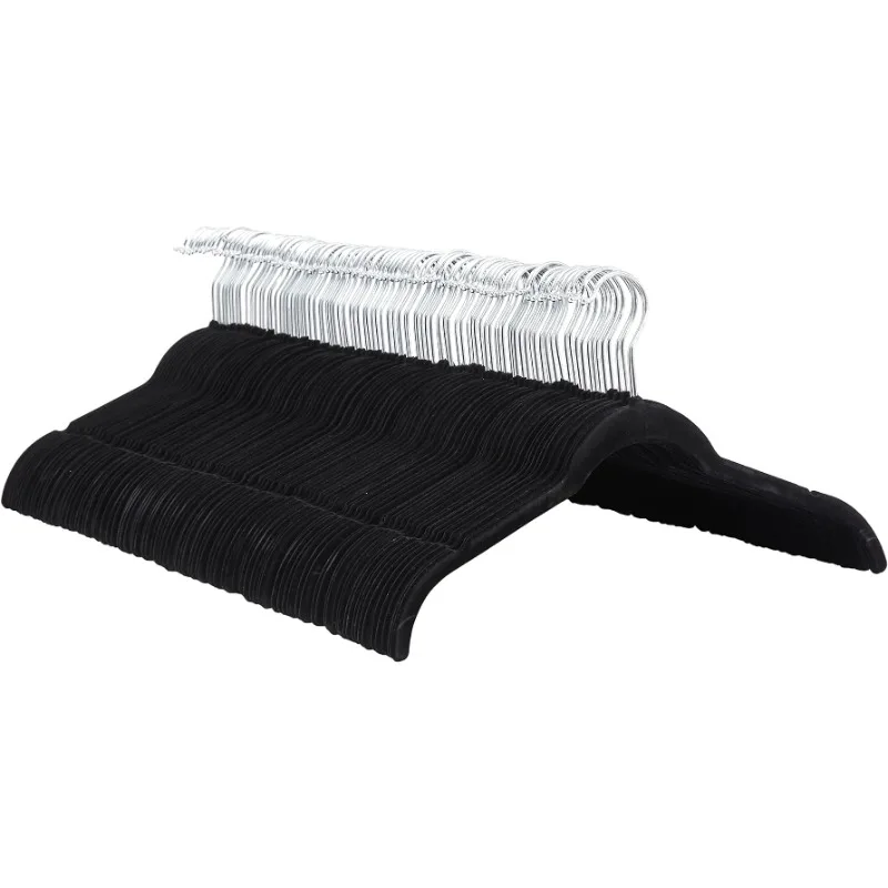 Slim, Velvet, Non-Slip Shirt Clothes Hangers, Black/Silver - Pack of 100