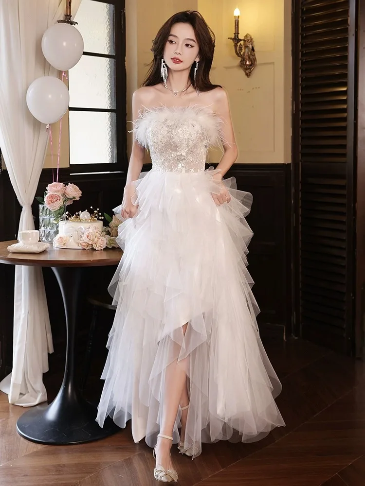 

White Strapless Evening Dress Feather Sequin Tulle Dress Fashionable Elegant Irregular Lace Off Shoulder Pleated Dress