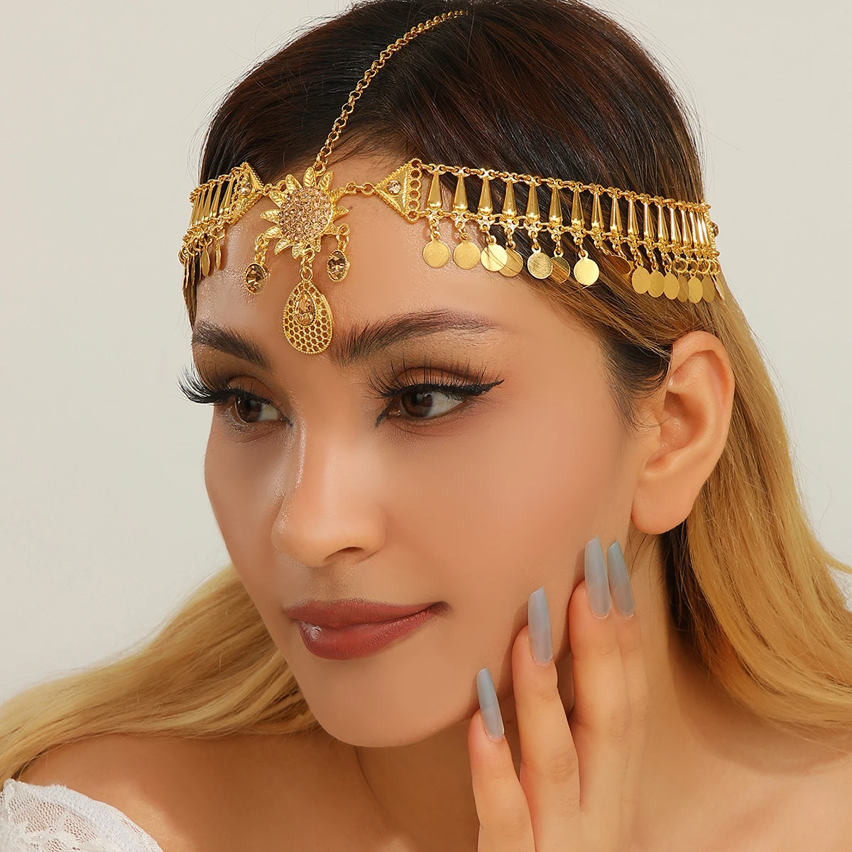 New Design Kurdish Bridal Headdress Fashion Gold Color Alloy Rhinestone Sunflower Water Drop Sequin Tassel Head Chain For Women