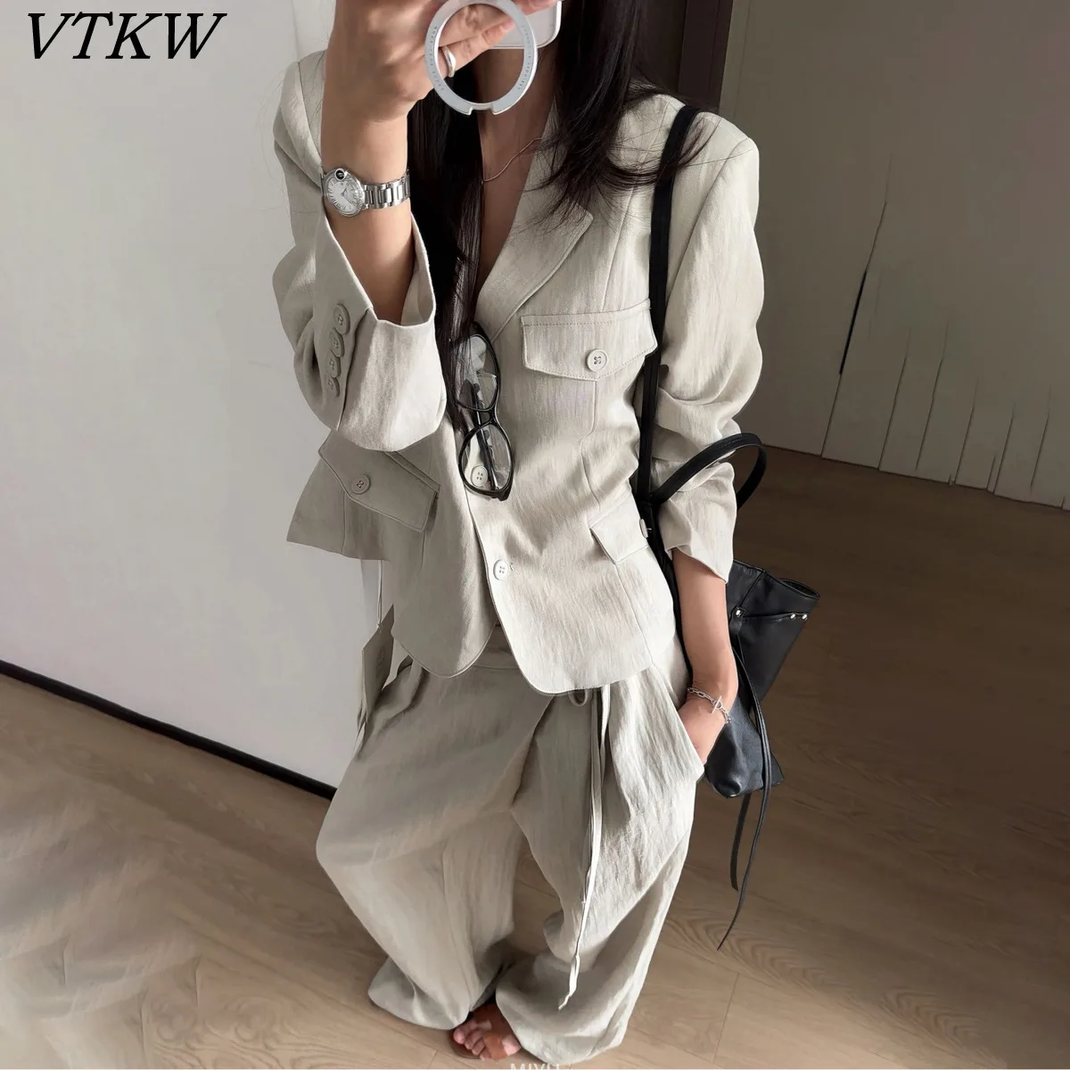 

VTKW 2026 New Arrival Women Two Piece Pants Set Cropped Blazer Notched Lapel Textured Fabric High Waist Wide Leg Trousers Outfit