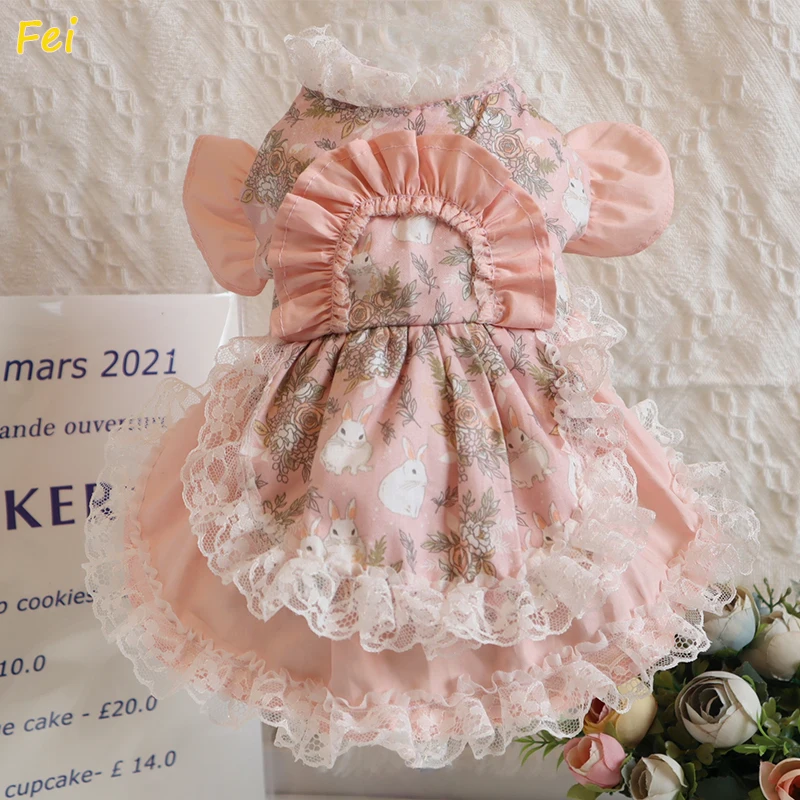 

Pet Fairy Princess Sundress & Lace Hat Set - Spring Summer Thin Mesh Dog Cat Dress, Bunny Teddy Picnic Outfit (Cream Candy)​