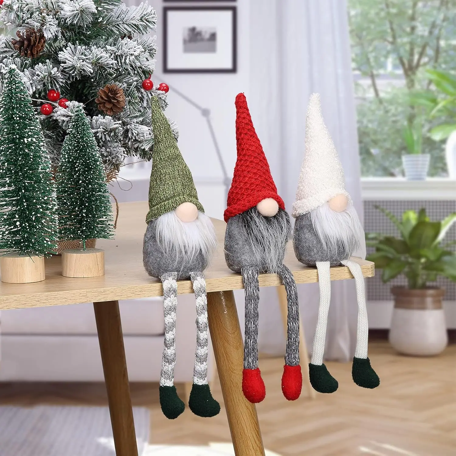 Gnome Christmas Decorations 17In 3Pack Handmade Gnome Plush Red Green White Swedish Tomte Elf Doll with Long Leg Figurin