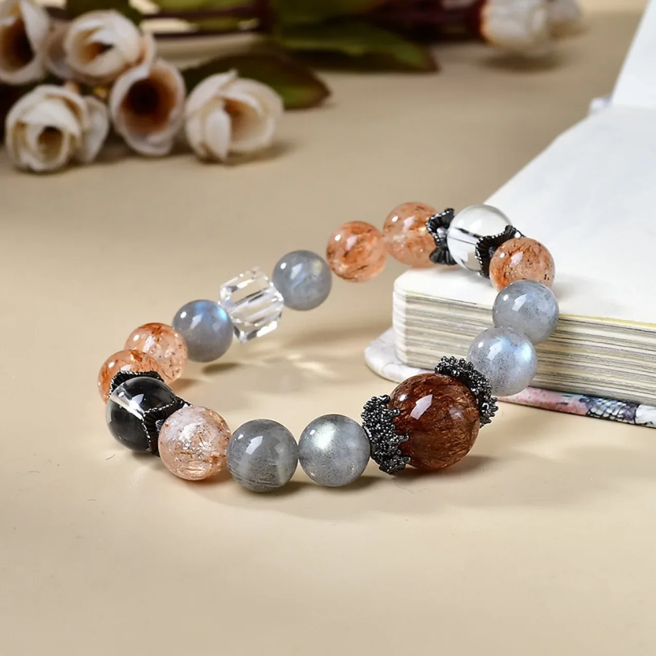 

Natural Black Crystal Super Seven Gray Moonlight White Crystal Women's Light Luxury Fashion Lucky Bracelet, Gift