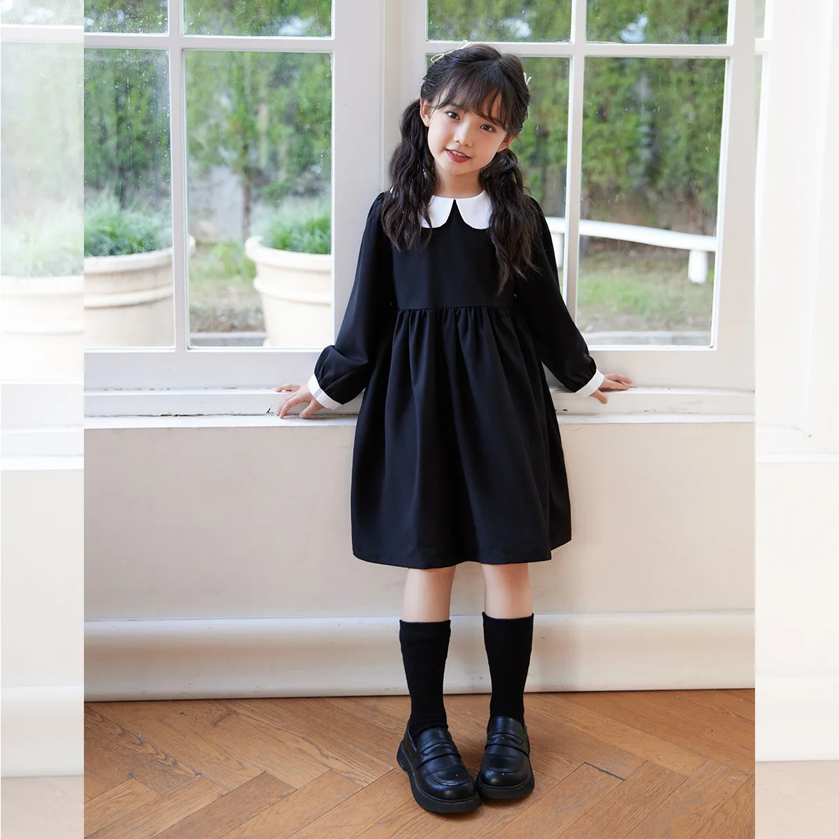 School Uniform for Girls Autumn Dress Elementary School Student Children's Junior Dresses Kids Long Sleeve Black Robe Stockings