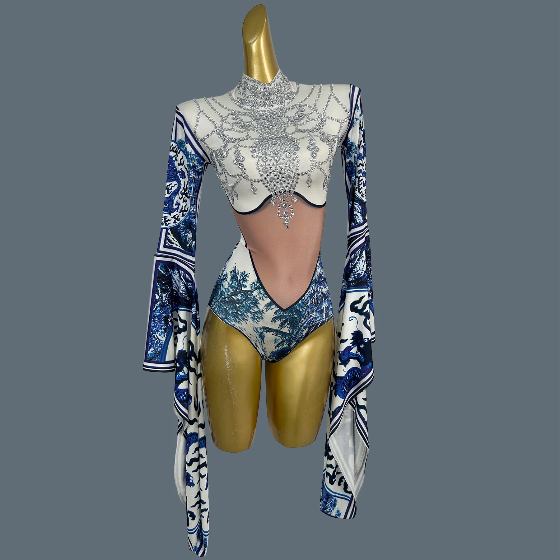 Chinese Style Blue White Porcelain Print Outfit Silver Rhinestone Flare Sleeve Stage Show Wear Tight Fitting Bodysuit Qinghuaci