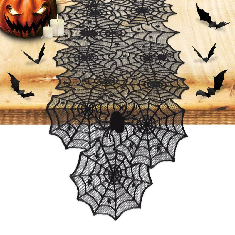 HFIL-Halloween Tablecloth Spider Web Fireplace Towel Spider Table Runner Lampshade Halloween Decoration Set