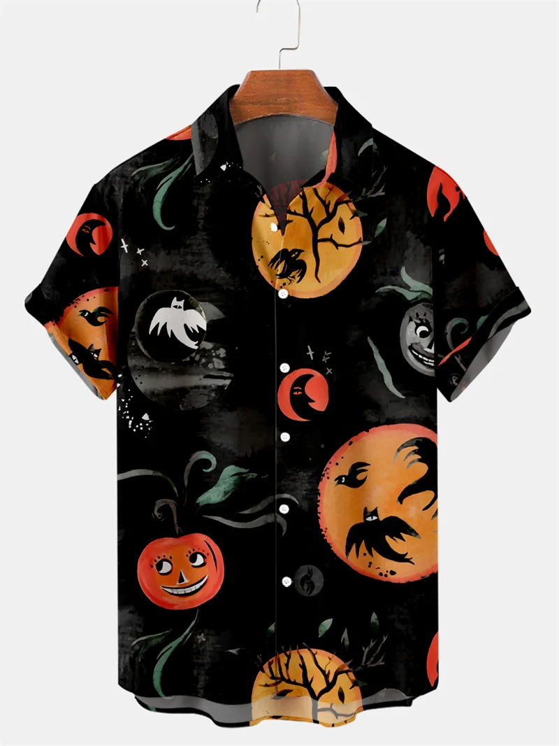 2023 New Halloween Shirts Pumpkin Head Ghost Pattern 3D Printed Short Sleeve Shirt Trend Loose Fitting Men\'s Clothing Men\'s Tops