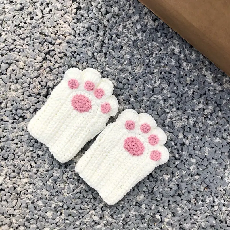 Cat Paw Gloves Handmade Crochet Half Finger Cat Paw Gloves Fuzzy Warm Soft Knit Mittens for Women Girls Winter Wear Cute Sweet L