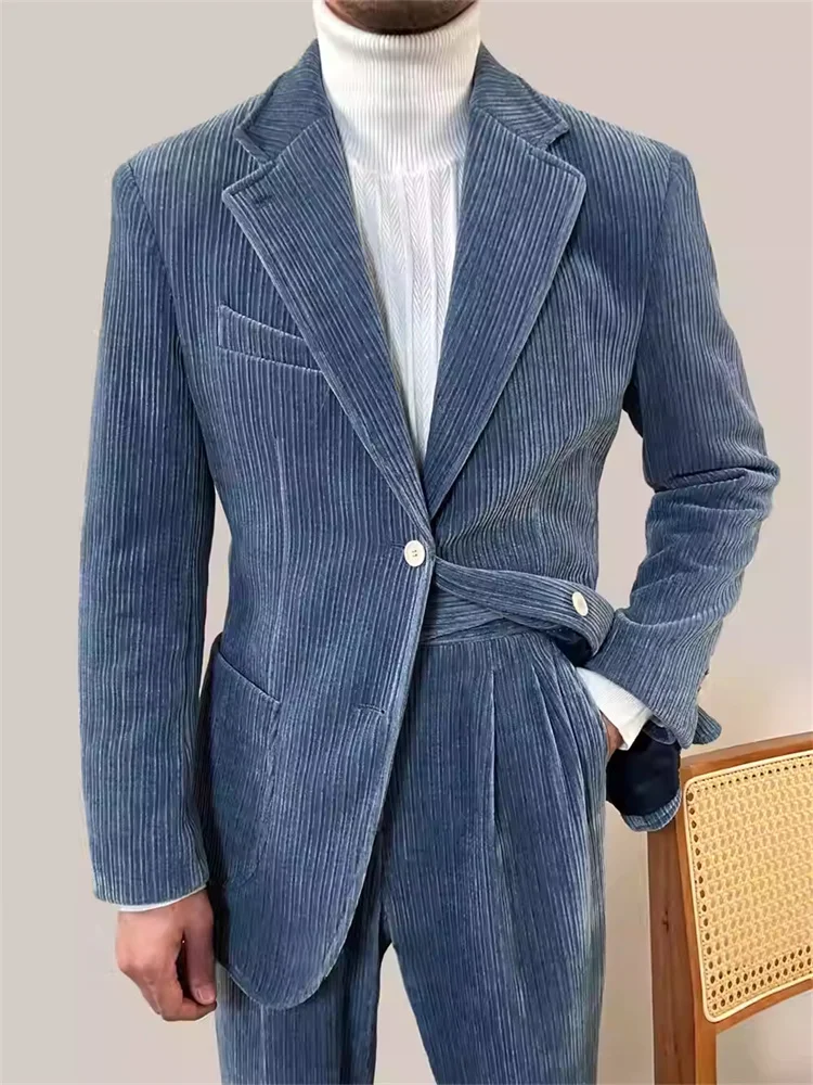 

Men's Corduroy Suits Set Elegant Striped Slim Fit Blazer Man Pants 2-Piece Carnivals Men Jacket Luxury Trousers Wedding Clothing