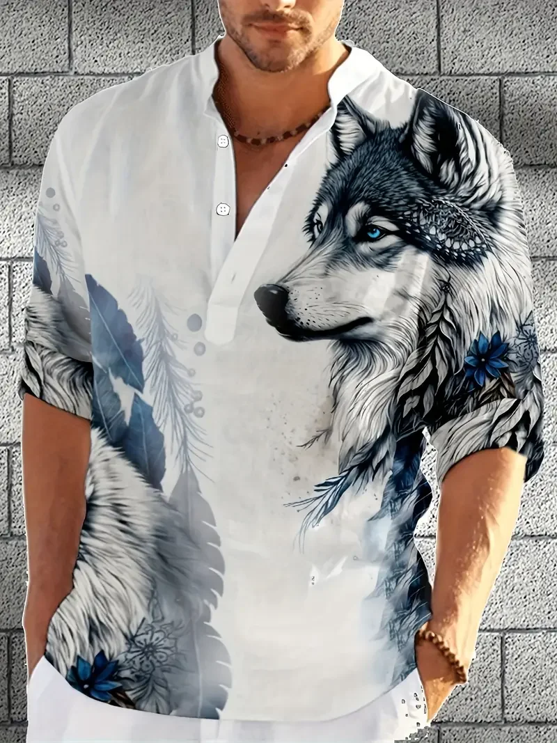 

2024 Spring Men's High Collar Casual Long sleeved Shirt Animal Wolf Pattern Fashion Street Clothing Style