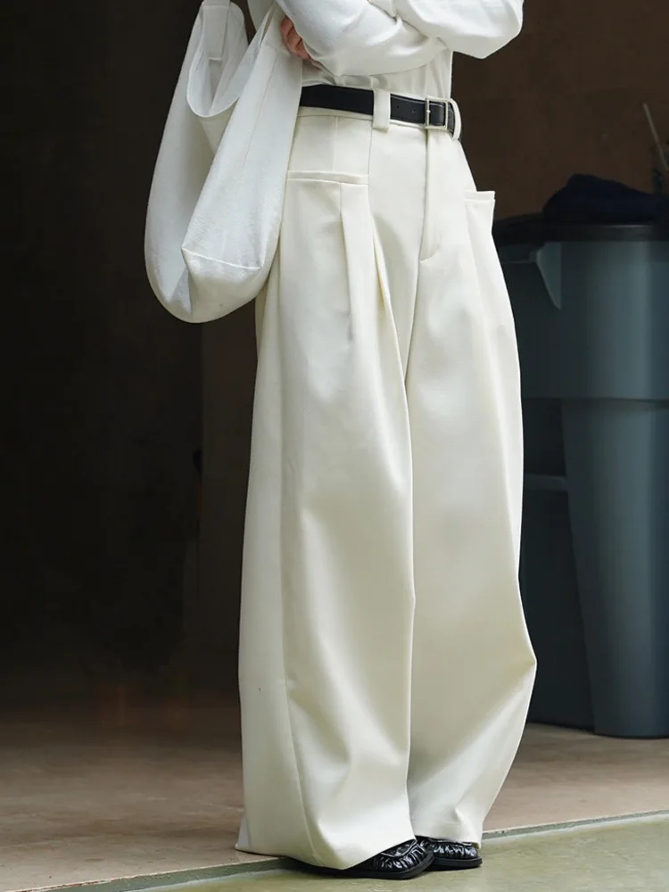 LANMREM Korean Style Fashion Double Pleated Design Wide Leg Trousers Loose High Waist Pants Office Lady Clothes 2025 New 2DB1812