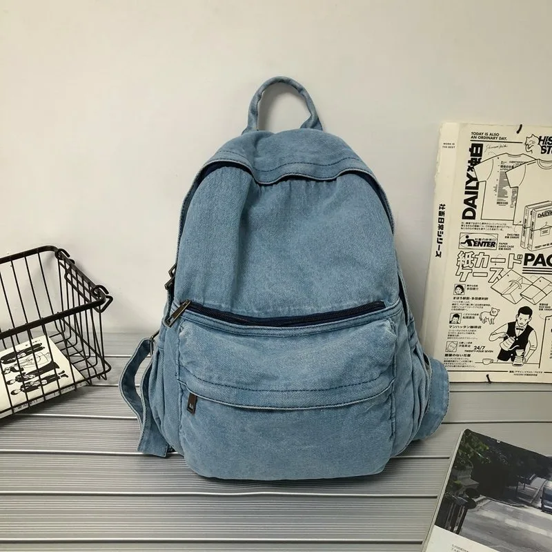 Vintage Simple Fashion Blue Gray Denim School Travel Backpacks for Women College Students Large Capacity Schoolbag Shoulder Bags