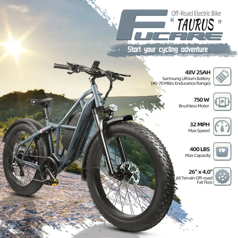 FUCARE Mountain E-Bike with Full Suspension, Snow and Beach Bike, 26*4.0 Fat Tire, Taurus Electric Bicycles, 750W, 25Ah, 8 Speed