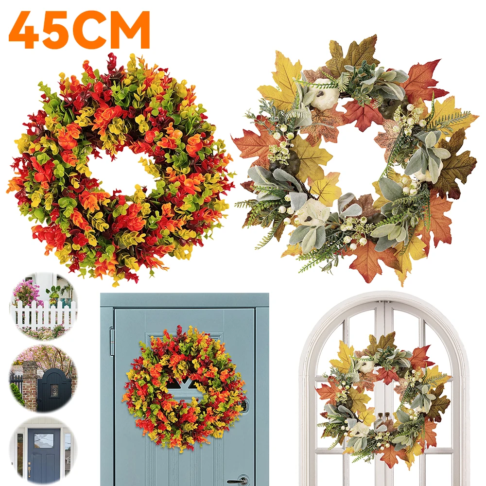 

Fall Pumpkin Leaves Rose Wreaths Front Door Home Interior Decor Autumn Wreath Eucalyptus Window Wreath Garden Decoration 45cm