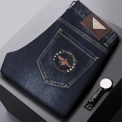 Autumn and winter jeans men's fashionable light luxury bee embroidered stretch slim fit skinny high-end denim trousers