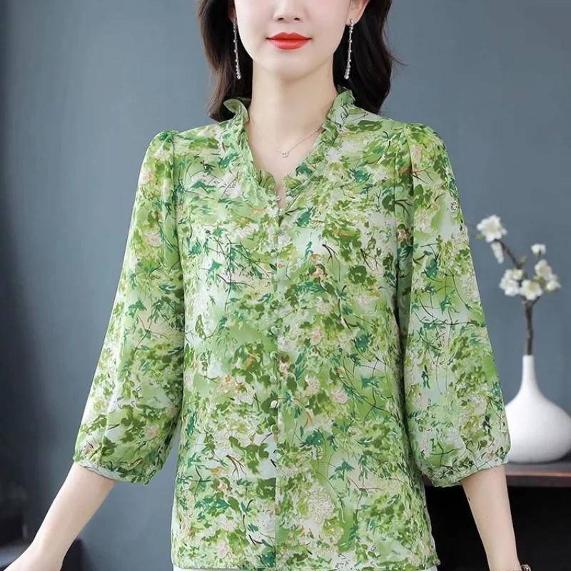 2024 New Summer Korean and Korean Fashion Blouses Loose Chiffon Three Quarter V-neck Printed Shirring Button Women\'s Shirt Top