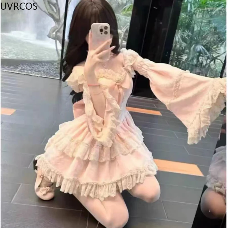 Sweet Elegant Lolita Princess Dress Women Kawaii Cute Lace Ruffles Bow Slim Dresses Japan Harajuku Y2k Evening Party Mini Dress