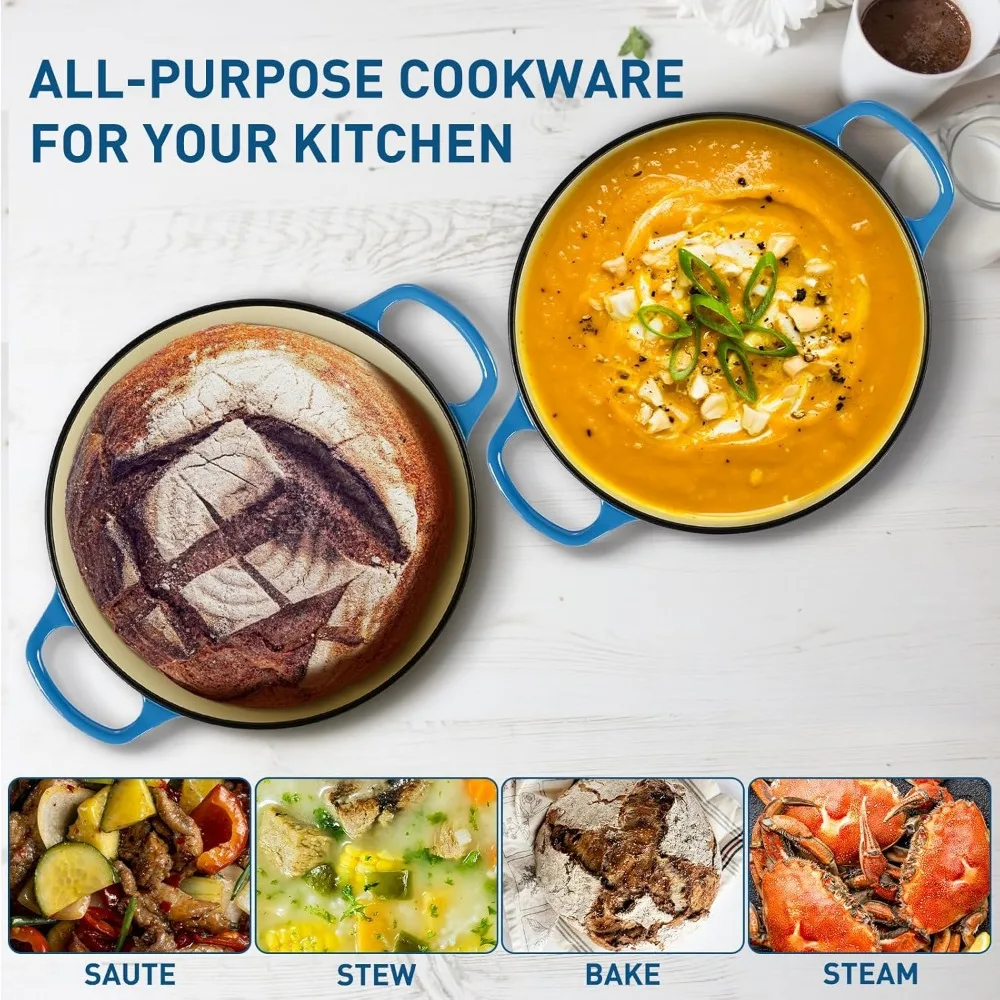 فرن خبز من الحديد الزهر للخبز، وعاء فرن هولندي متعدد الوظائف 6QT مع غطاء، يتضمن سلة التدقيق، حبال السيليكون والعجين مع