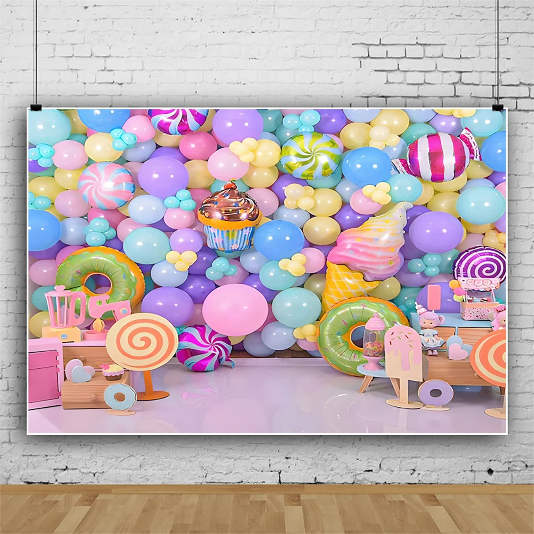 Laeacco Ice Cream Lollipop Balloons Wall Birthday Sence Photo Background Kids Newborn Baby Shower Portrait Photography Backdrop