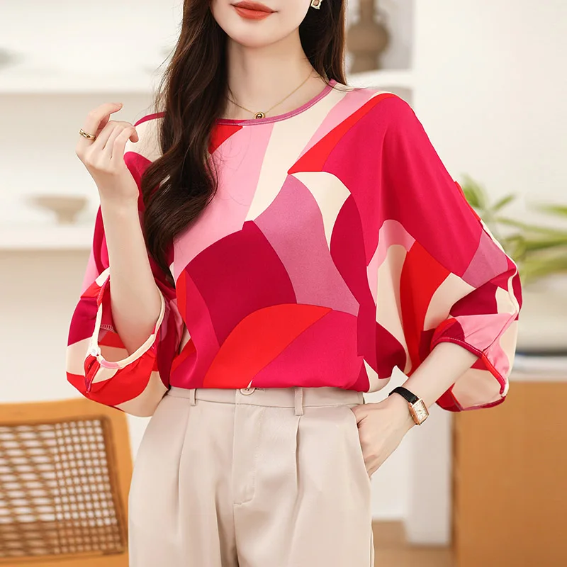 Spring Summer Fashion All-match Three Quarter Chiffon Blouse Women Casual Loose O-neck Printing Shirts Elegant Chic Tops