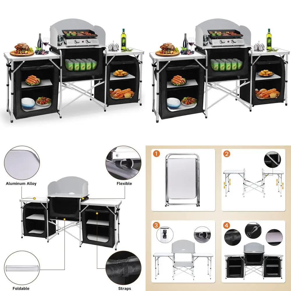 

Portable Outdoor Cooking Table with Windproof Design and 3 Storage Cabinets for Camping, BBQs, and Picnics - Black