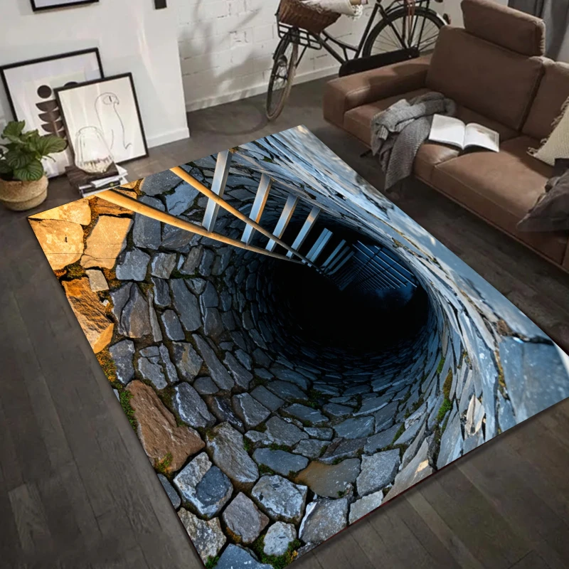 3D Visual Illusion Area Rug Funny Stone Trap Hole Non-Slip Washable Carpet for Living Room Bedroom Entryway Decorative Novelty