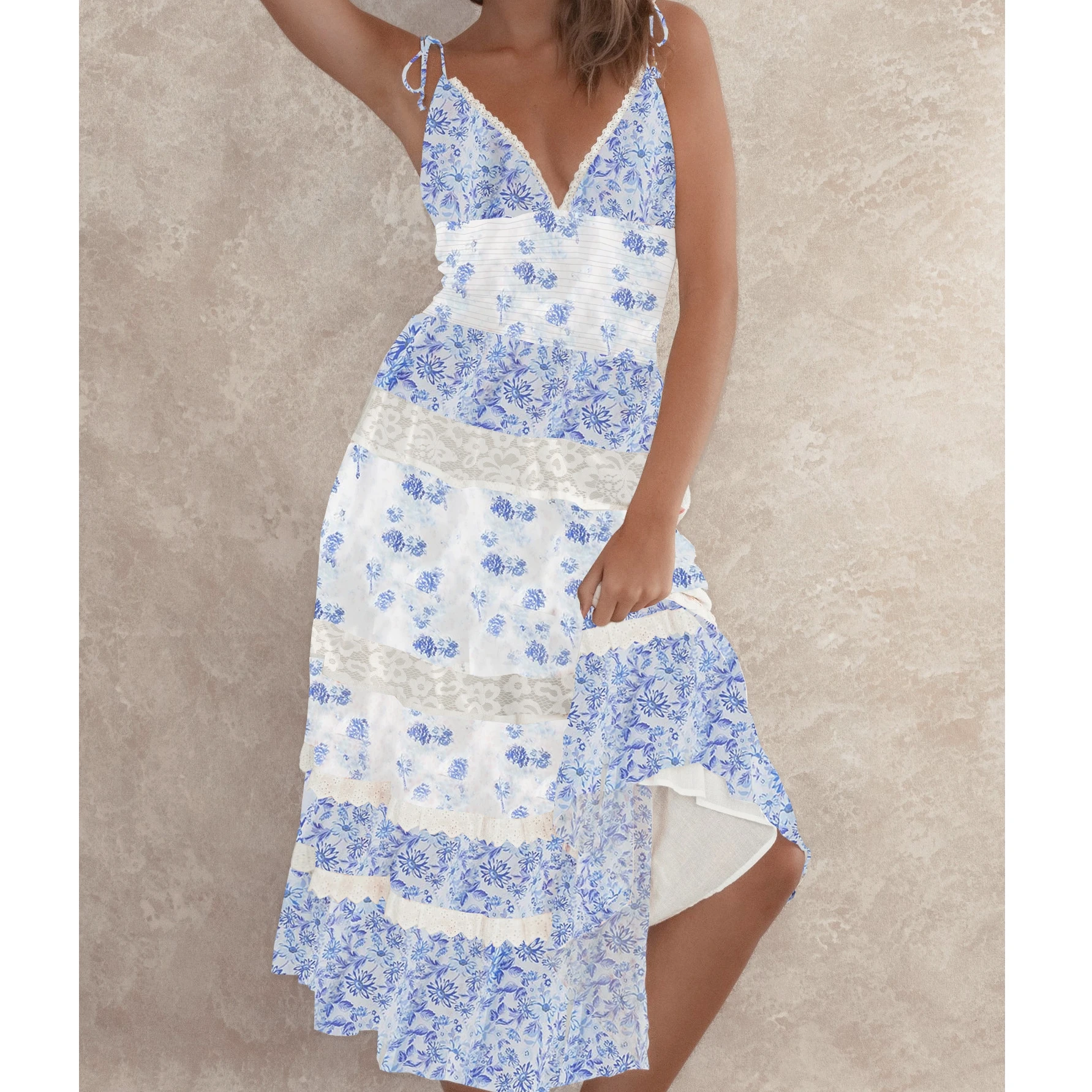 ผู้หญิงชุดยาวชายหาดดอกไม้พิมพ์ลูกไม้ Trim Tie-Up สปาเก็ตตี้สายรัด Cami ฤดูร้อนแฟชั่นชุดลําลองแขนกุด