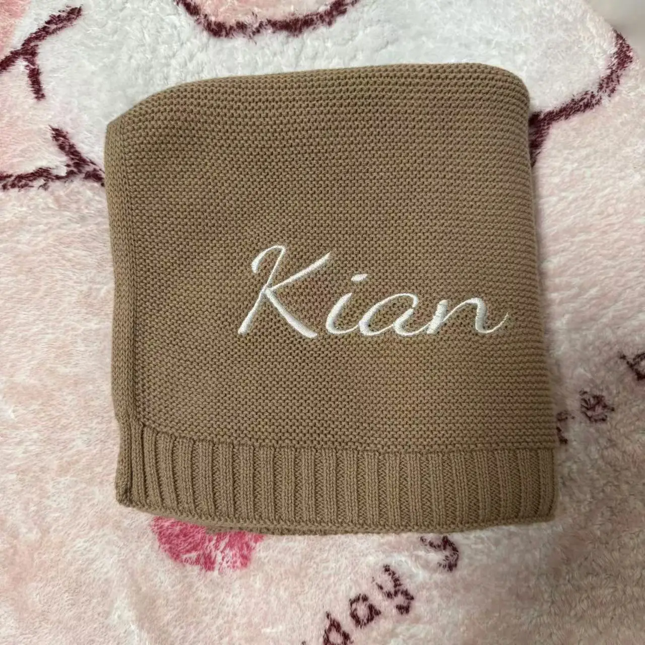 Embroidered Name Stroller Blanket, Personalized Soft Breathable Cotton Knitted Blanket, Newborn Baby Gift, Baby Shower