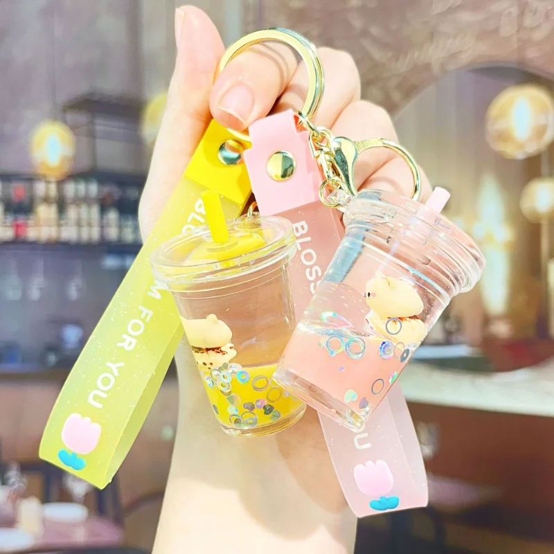 Acrylic creative oil bear milk tea cup keychain couple cute quicksand pendant drift bottle