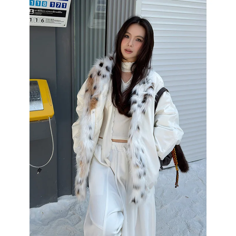 Benuynffy high street leopardo gola de pele algodão-acolchoado jaqueta feminina 2025 outono inverno novo grosso quente moda parkas para mulher