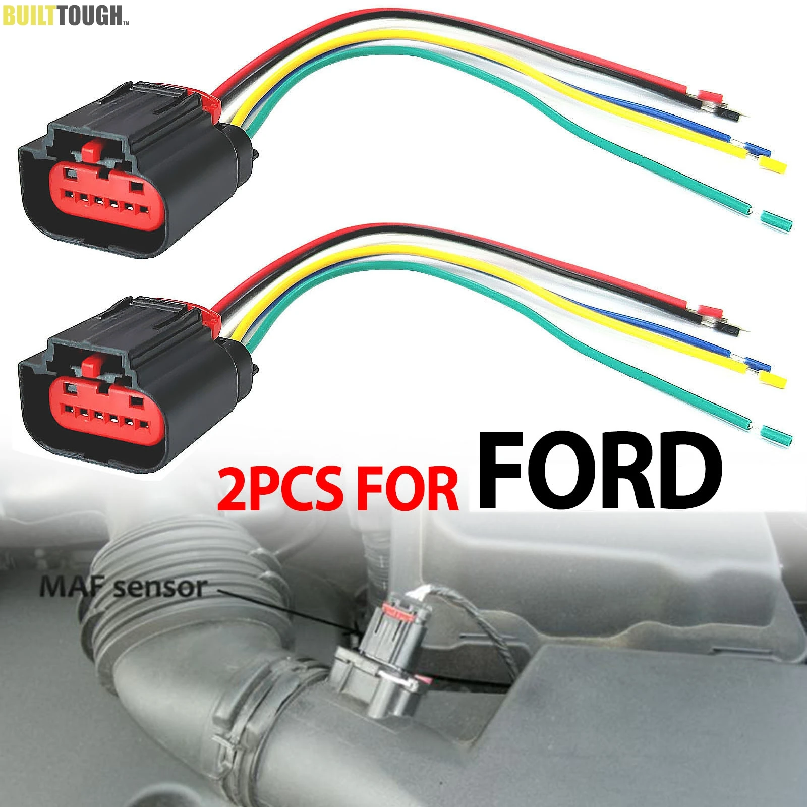 2x For Ford C-Max Focus Galaxy Kuga Mondeo S-Max Tourneo Transit Connect MAF Mass Air flow Meter Sensor 6PIN Connector Plug Loom
