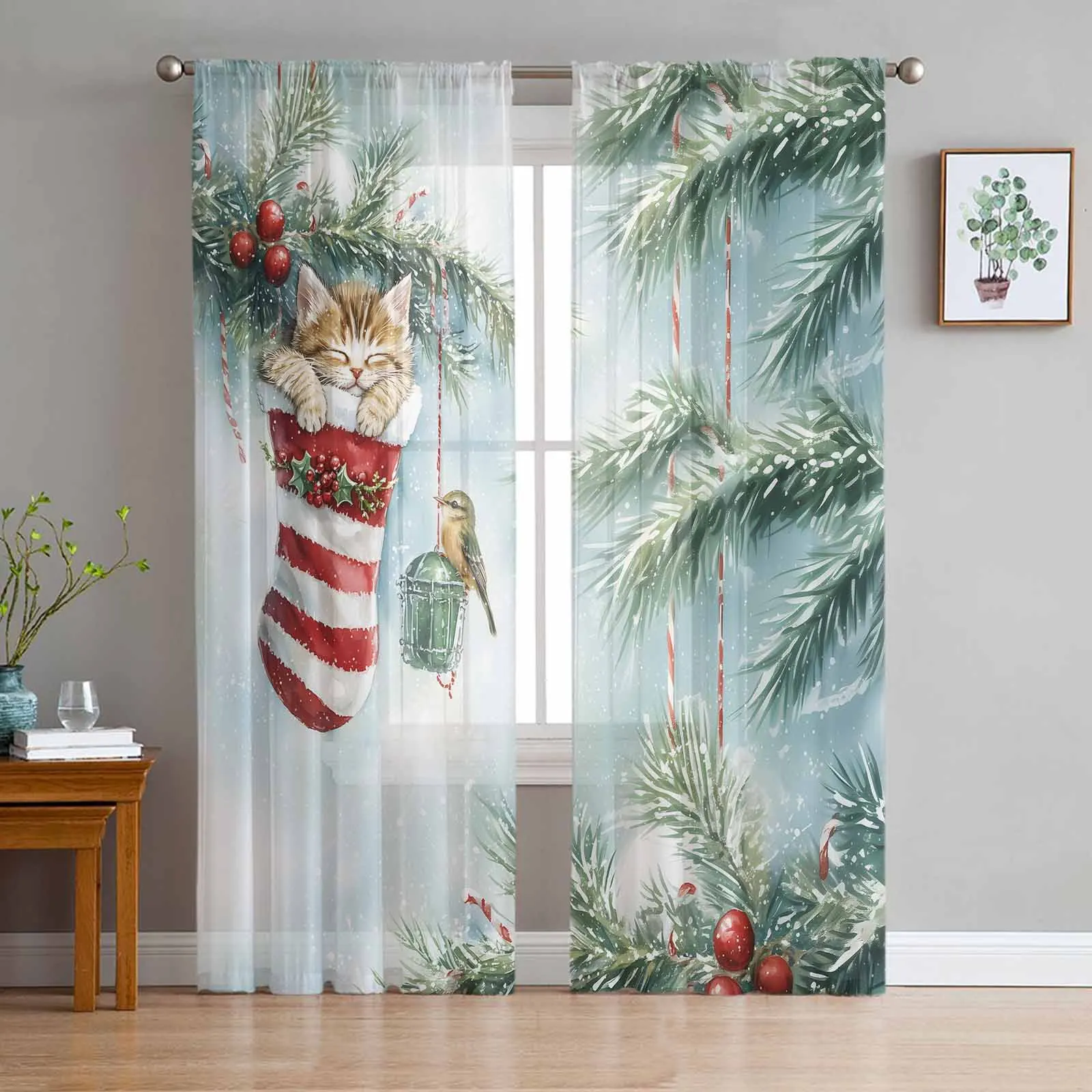 Christmas Cartoon Star Cat Christmas Socks Plants Curtains For Living Room Tulle Window Curtain Bedroom Kitchen Veil Drapes