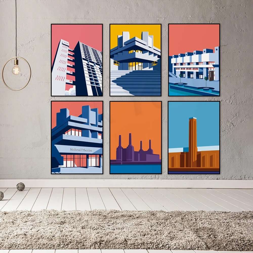 Battersea power station,Trellick Tower,Tate Modern, London Barbican poster print, Brutalist architecture wall art