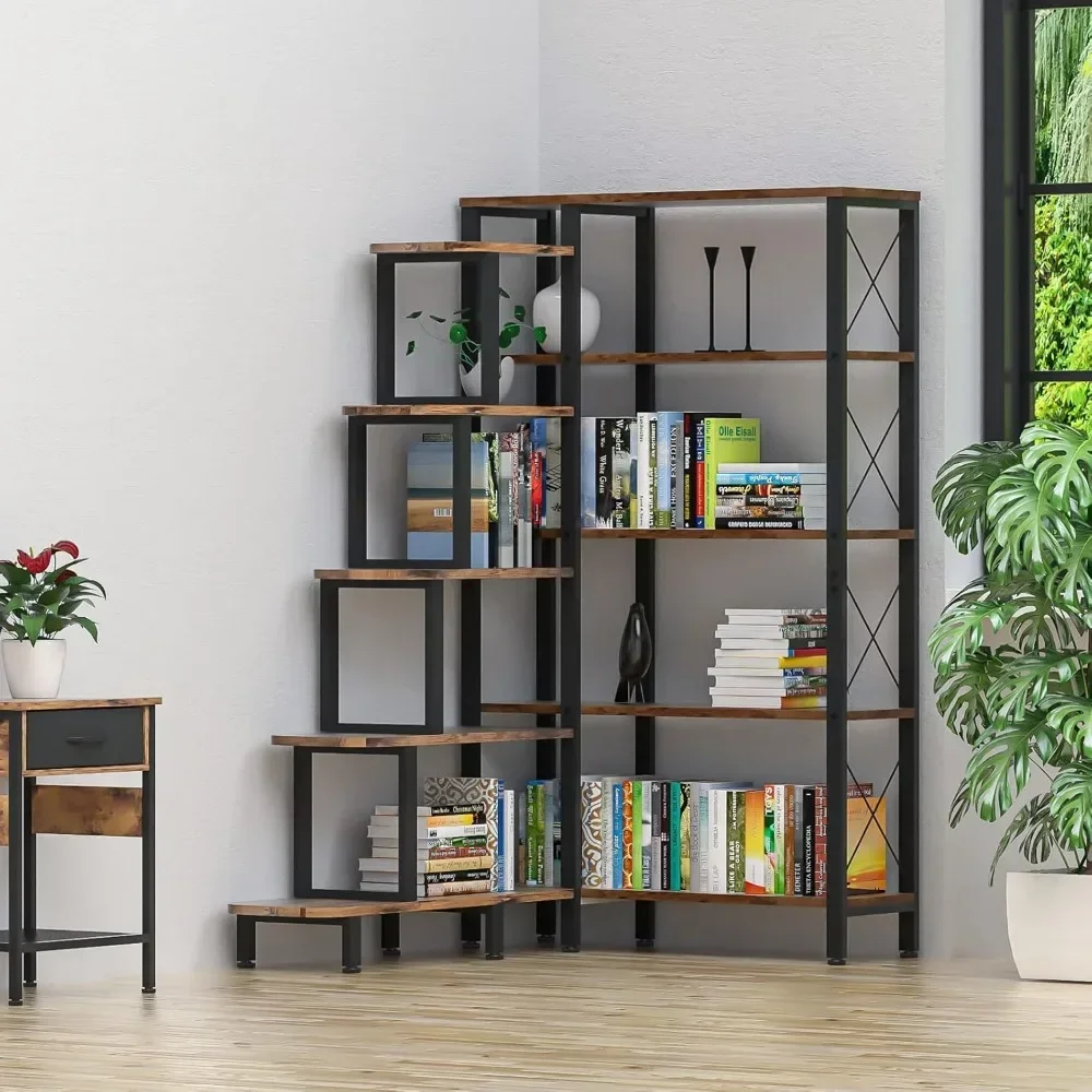 Large Corner Bookshelf Bookcase, Industrial Reversible 5 Tier Ladder Shelves Storage Display Rack with Metal Frame