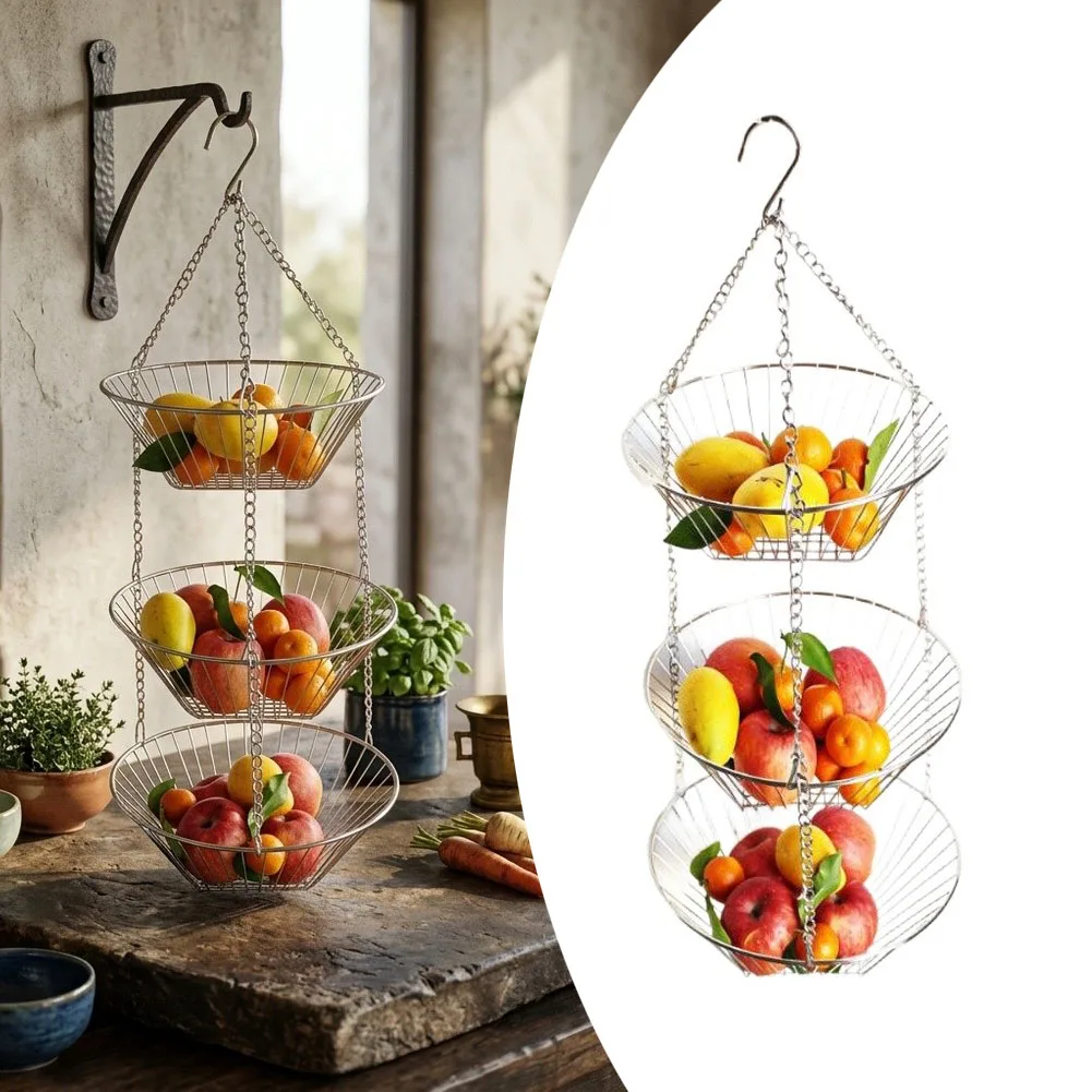 Chrome Hanging Fruit Basket 3 Tier Vertical Wire Storage Rack Adjustable Height & Detachable Levels 11 x 11 x 32 Inches